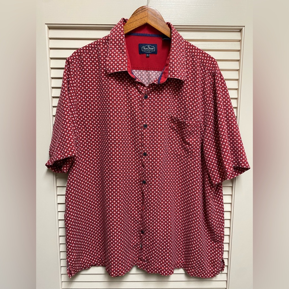 Nat Nast Luxury Originals XL Red Geometric Print Silk Cotton Short Sleeve Shirt